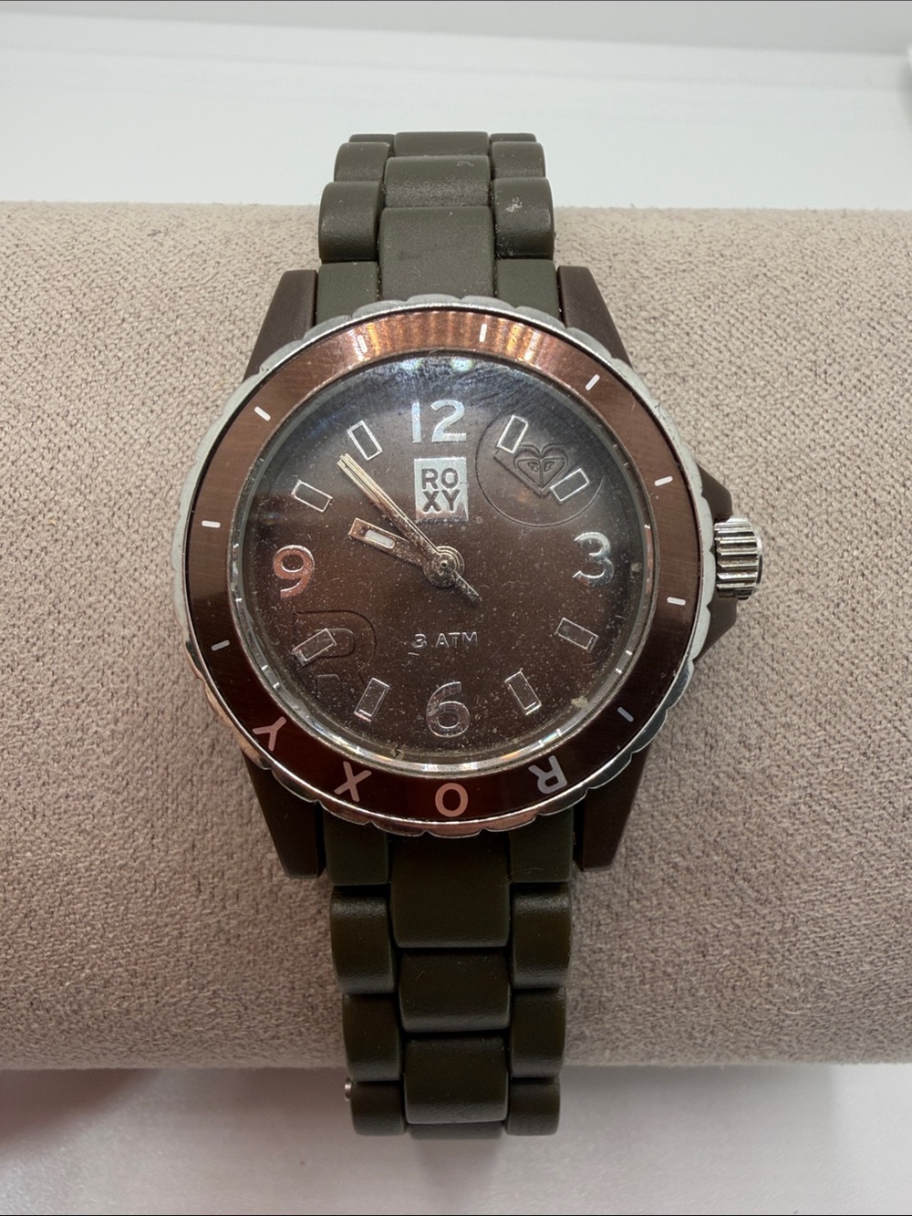 Roxy Olive Green Silicone Band Watch with Brown Dial and Metallic Bezel